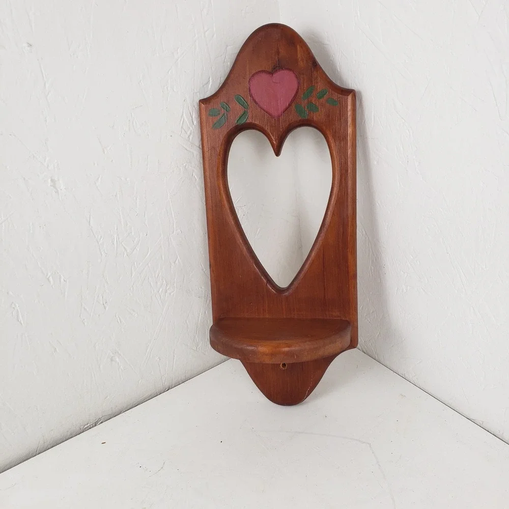 Vintage Wooden Heart Cutout Wall Shelf Rustic Country Decor Hand Painted 15